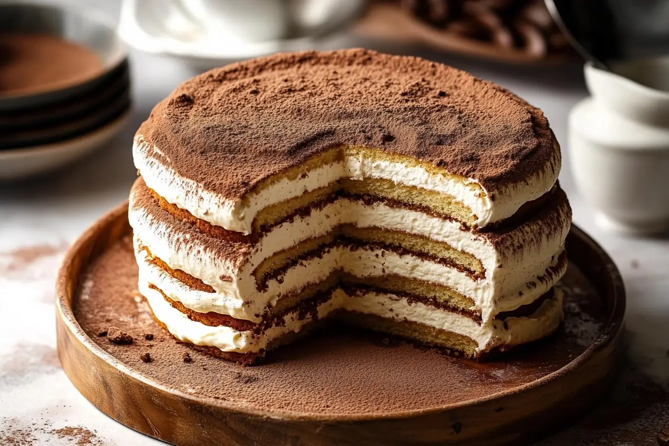 Tiramisu Cake: The Best Homemade Recipe for a Creamy, Coffee-Infused Dessert 5 A full tiramisu cake on a wooden stand, showcasing perfect layers of sponge, mascarpone cream, and cocoa powder topping.