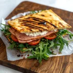 Cottage cheese flatbread sandwich wrap cut in half and stacked on plate