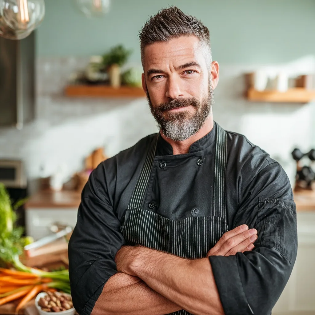 About Us – Top Choice Recipes 2 Chef Daniel Carter in a black chef coat with arms crossed in a modern kitchen