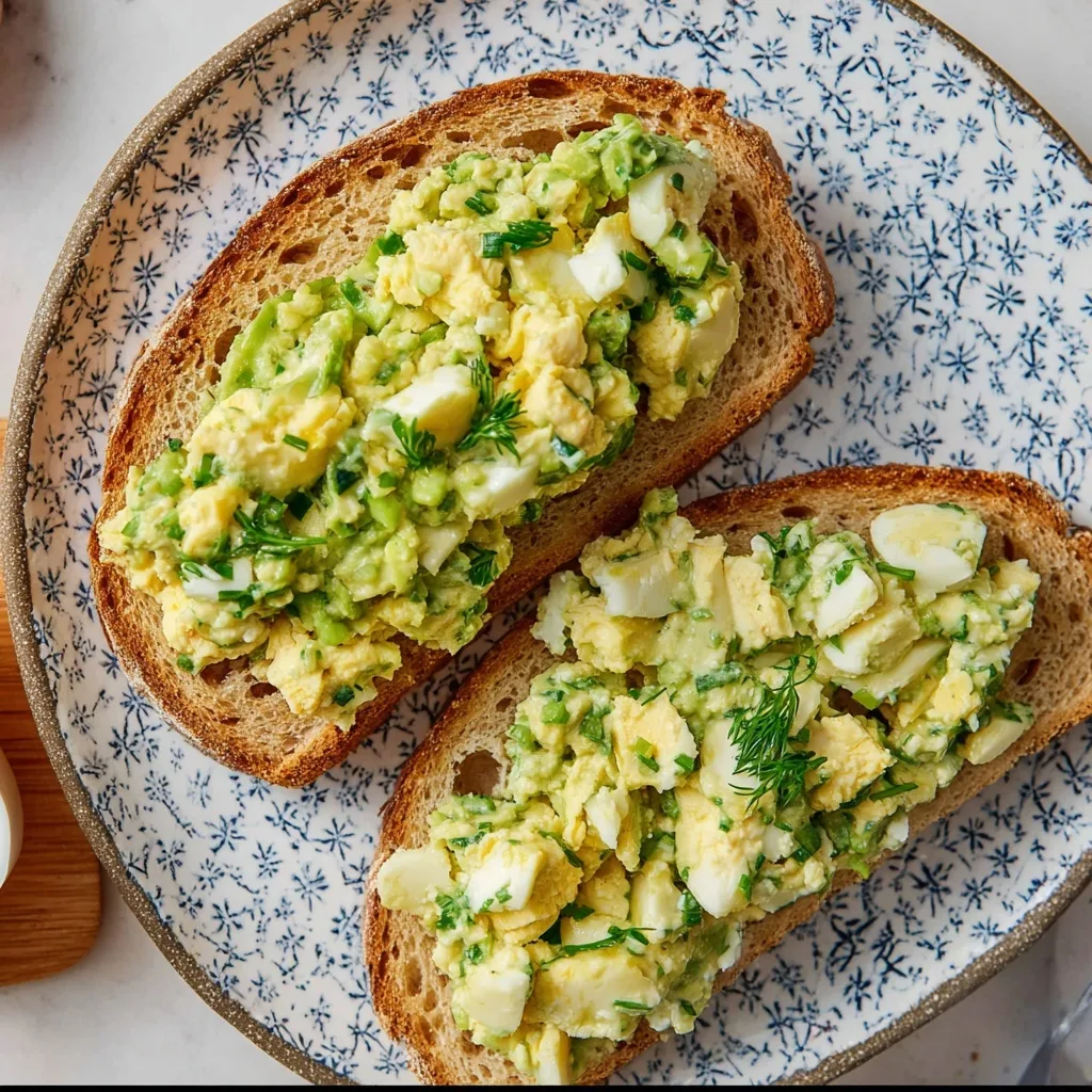 Avocado Egg Protein Halves – The Creamiest High-Protein Snack for Strength & Recovery 4 Avocado egg sandwich open-faced on patterned plate