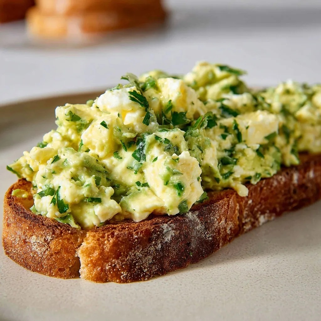 Avocado Egg Protein Halves – The Creamiest High-Protein Snack for Strength & Recovery 6 Avocado Egg Protein Halves salad on toasted bread with herbs