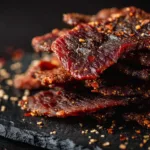 Cracked pepper beef jerky stacked on a slate plate, high protein snack