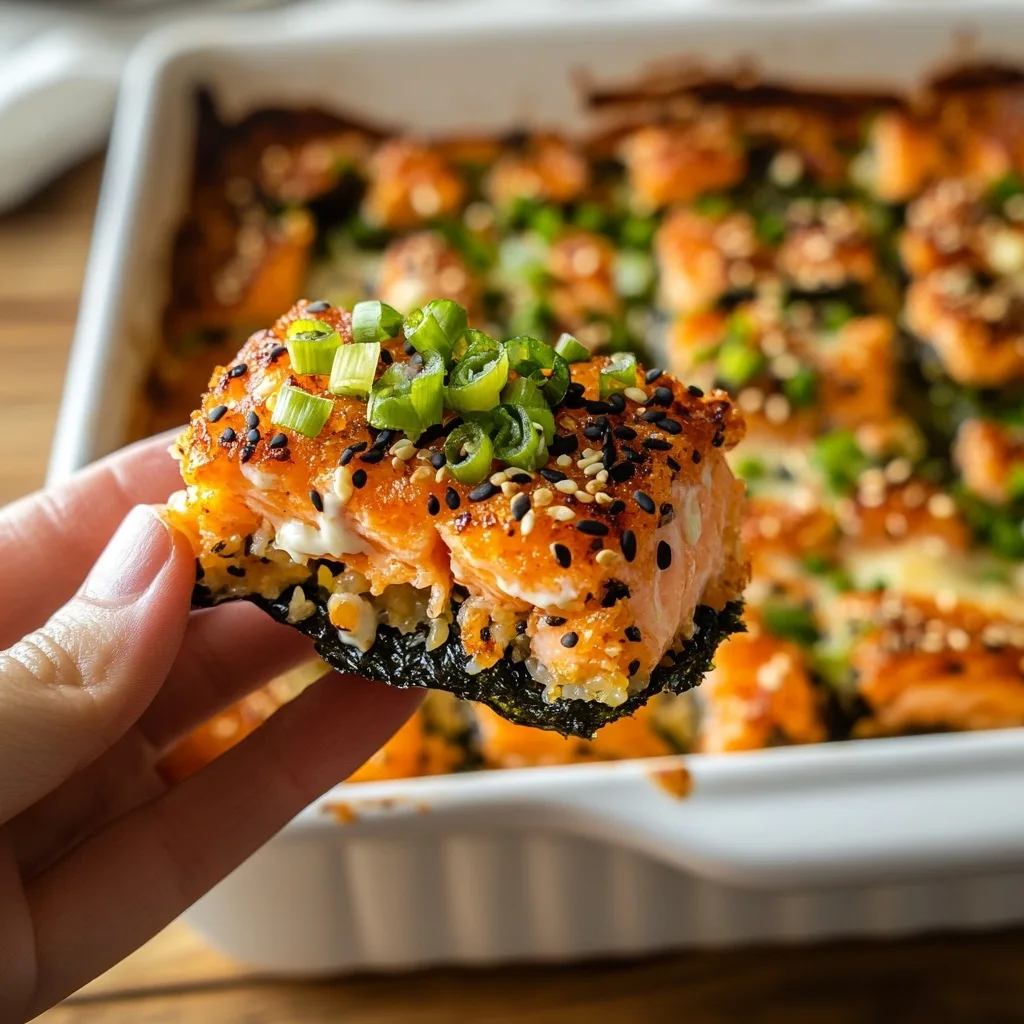 Miso Salmon Sushi Bake – Easy Oven-Baked Japanese-Inspired Casserole 7 Ultra close-up of miso salmon sushi bake bite with rice, green onions, and spicy mayo on nori