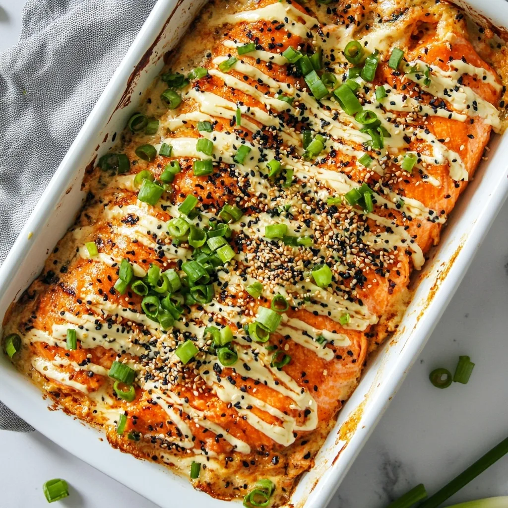 Miso Salmon Sushi Bake – Easy Oven-Baked Japanese-Inspired Casserole 6 Top-down close-up of Miso Salmon Sushi Bake with spicy mayo, scallions, and furikake
