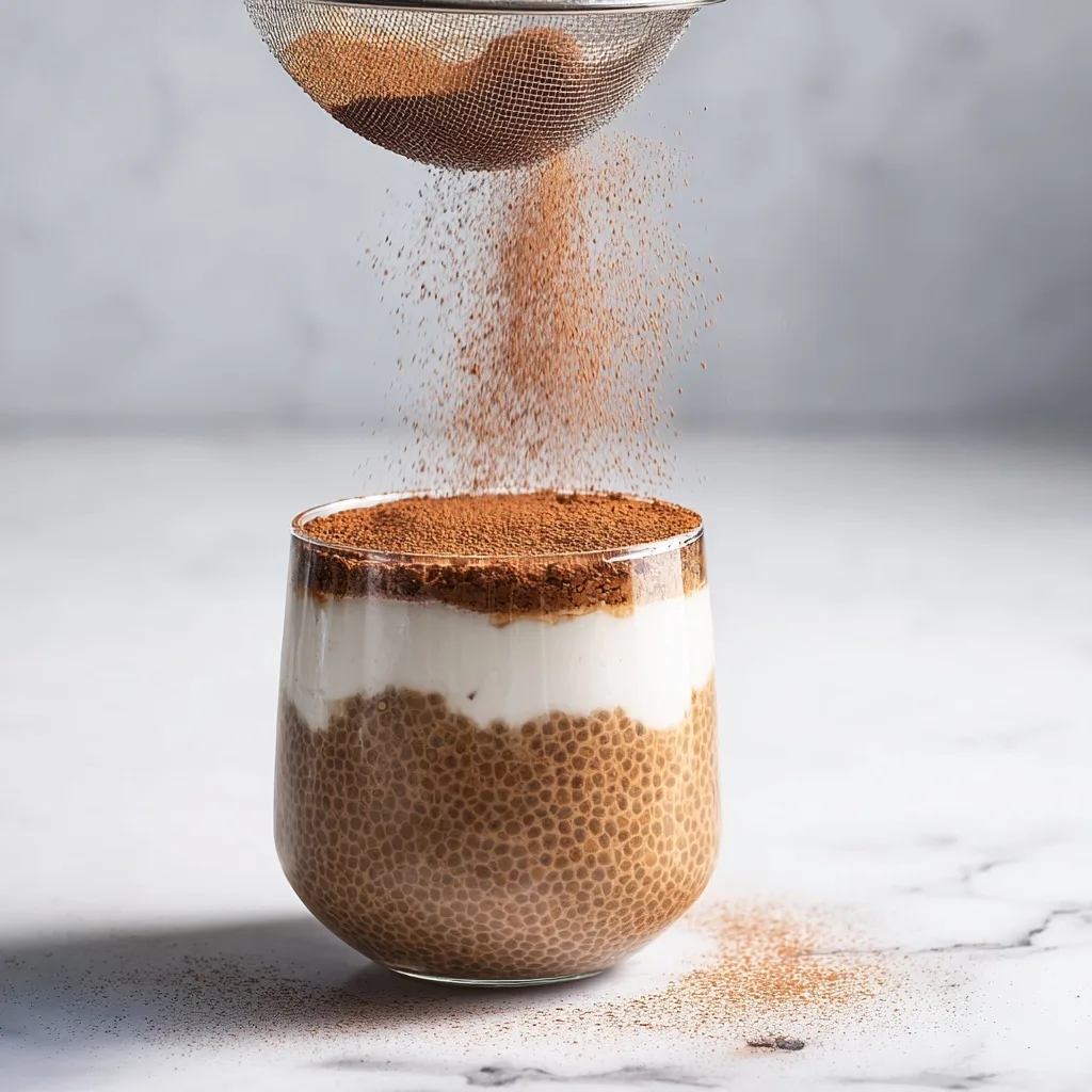 Protein Tiramisu Chia Pudding Recipe (High-Protein, Meal-Prep Friendly) 9 Cocoa powder falling onto protein tiramisu chia pudding