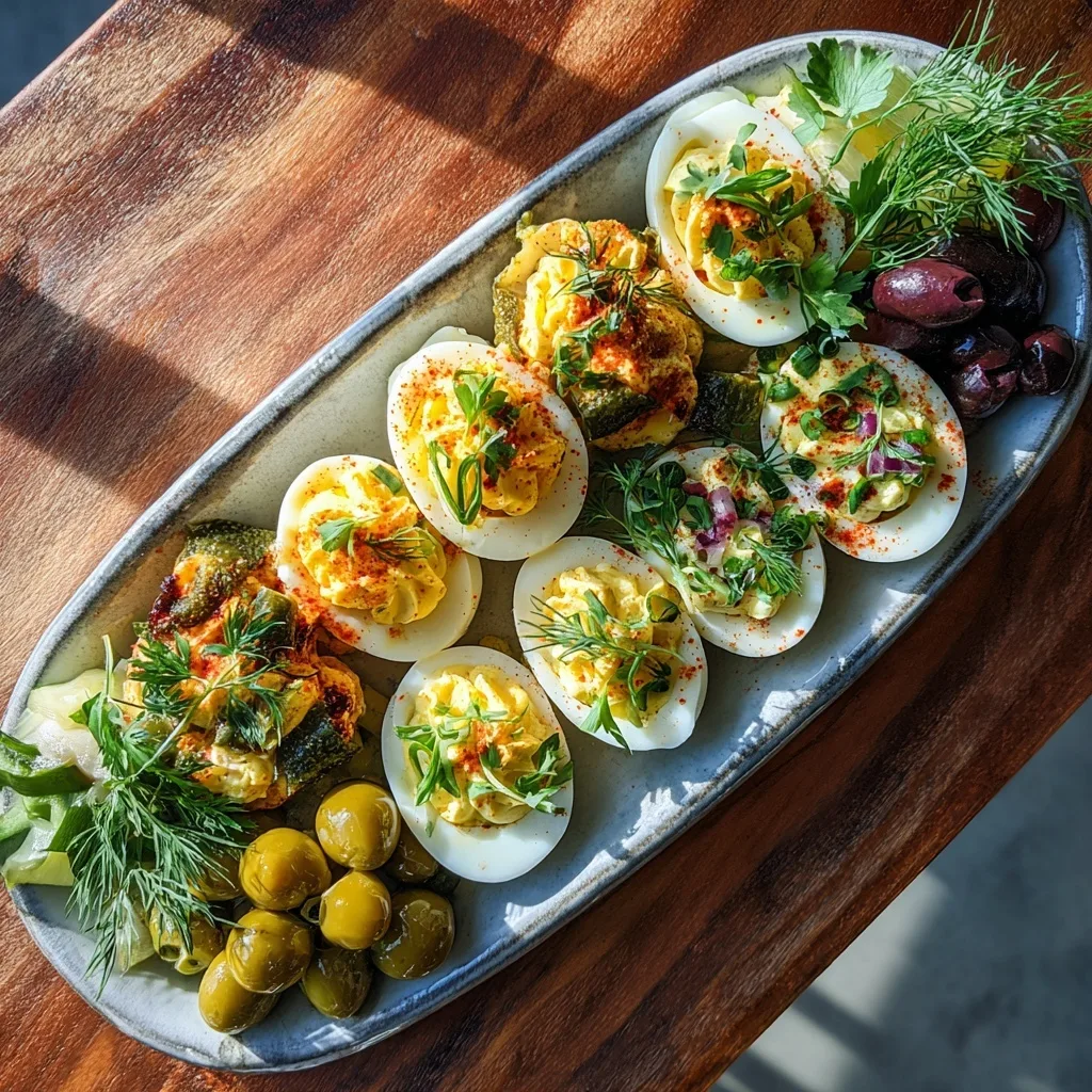 Spicy Deviled Eggs with Turkey Bacon and Sriracha – The Bold High-Protein Snack You’ll Crave 10 Rustic deviled egg platter with herbs, pickles, and olives