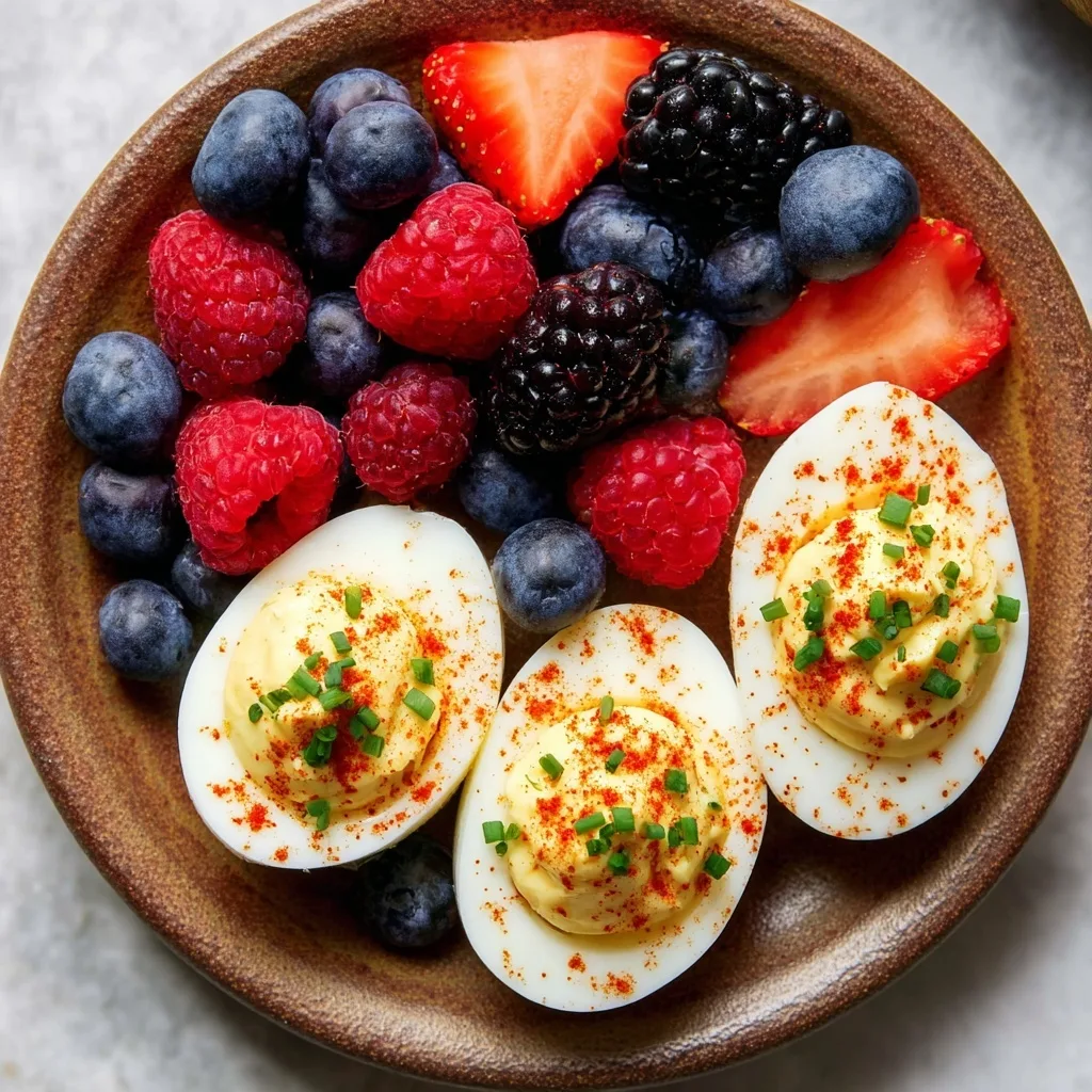 Classic Greek Yogurt Deviled Eggs (No Mayo, Just 5 Ingredients!) 8 Greek yogurt deviled eggs with berries on rustic plate