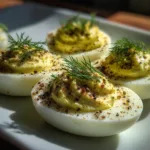 Deviled eggs with dill and pepper on a white plate