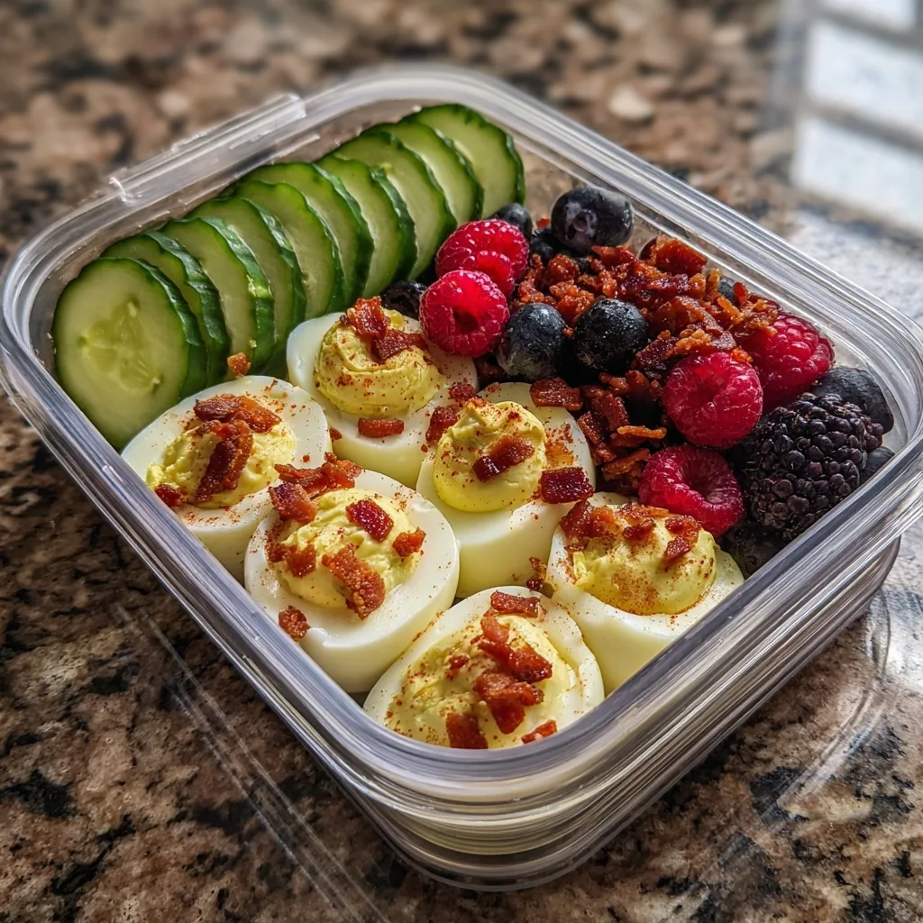 Spicy Deviled Eggs with Turkey Bacon and Sriracha – The Bold High-Protein Snack You’ll Crave 9 Meal prep container with spicy deviled eggs, cucumbers, and fresh berries