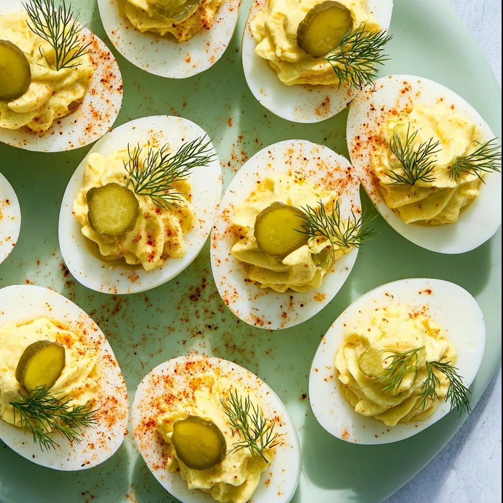 Dill Pickle Deviled Eggs – High-Protein Snack with a Tangy Twist 5 Deviled eggs with pickle slices and dill on green plate