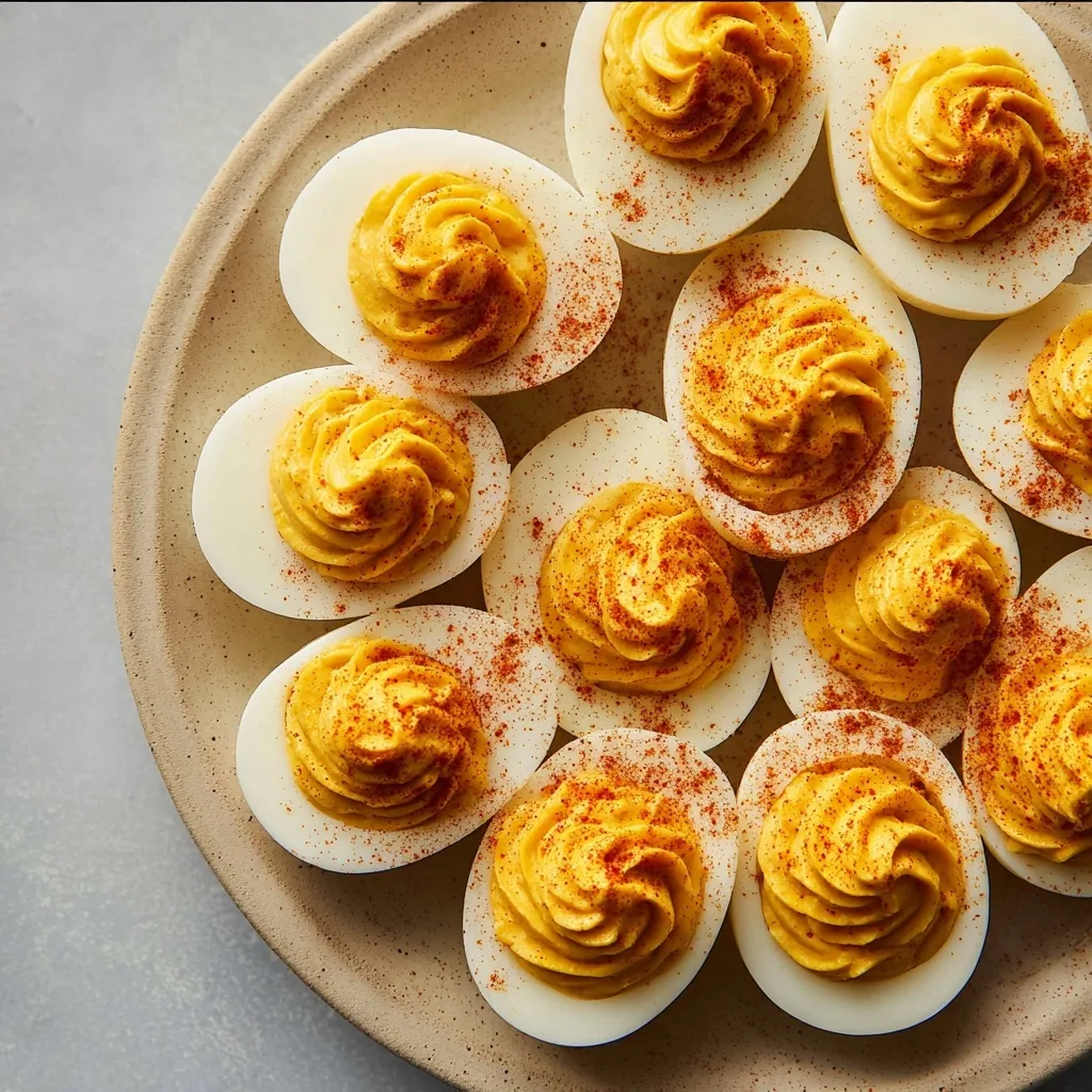 Sriracha Greek Yogurt Deviled Eggs – Spicy Snack with Protein Boost 5 Overhead view of deviled eggs with Sriracha Greek yogurt and paprika