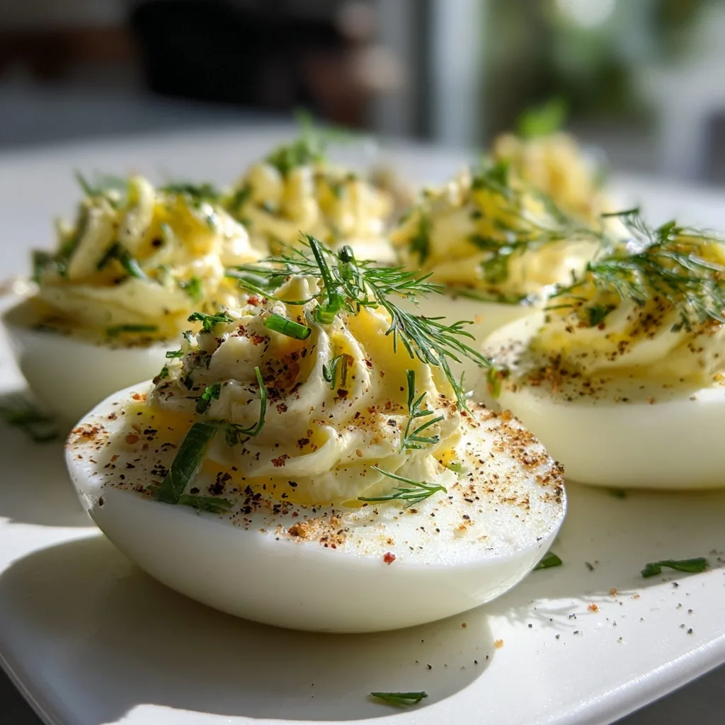 Dill Pickle Deviled Eggs – High-Protein Snack with a Tangy Twist 7 Dill pickle deviled eggs with pepper and herbs