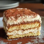 Moist tiramisu cake slice made with boxed cake mix and mascarpone topping