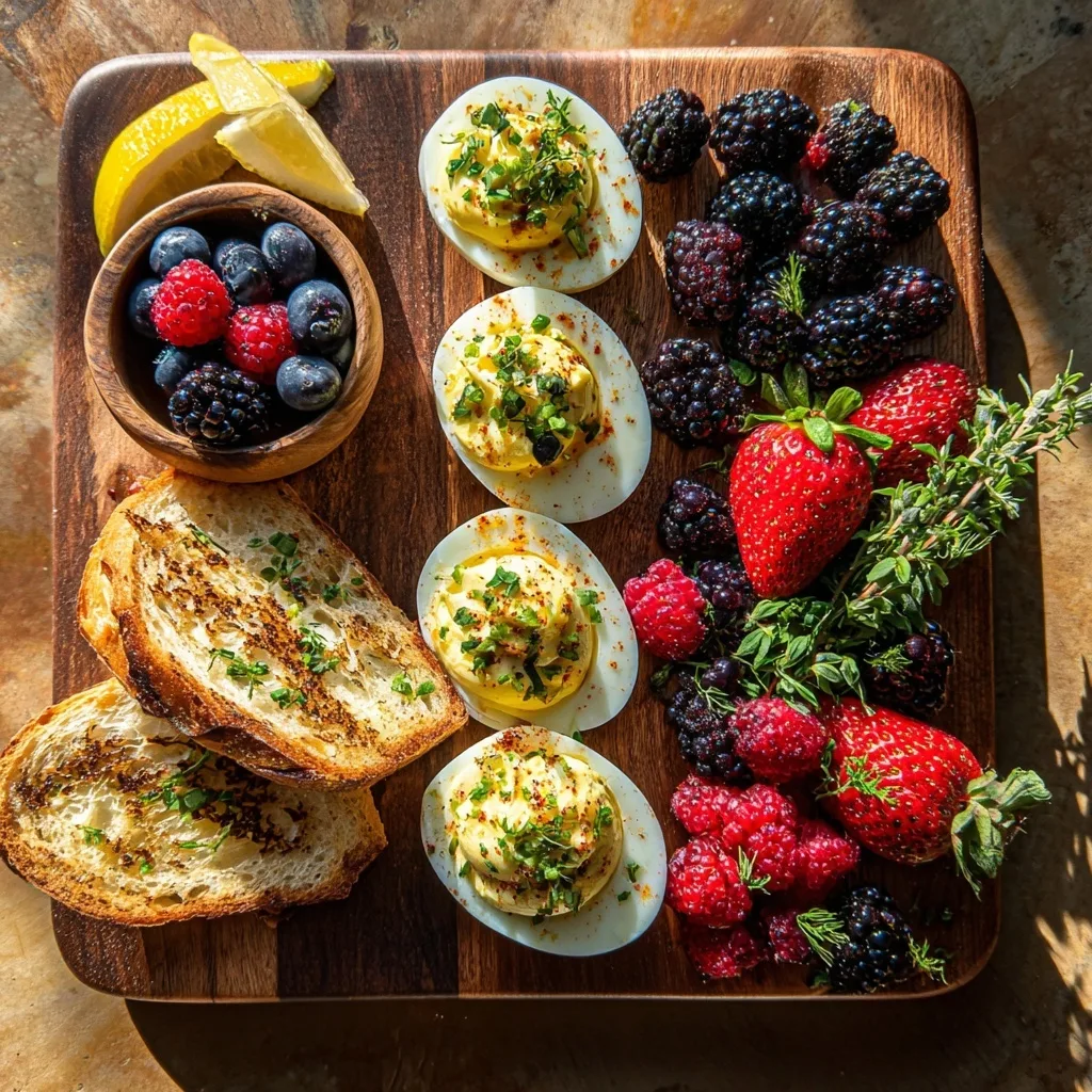 Classic Greek Yogurt Deviled Eggs (No Mayo, Just 5 Ingredients!) 7 Greek yogurt deviled eggs on brunch board with berries and toast