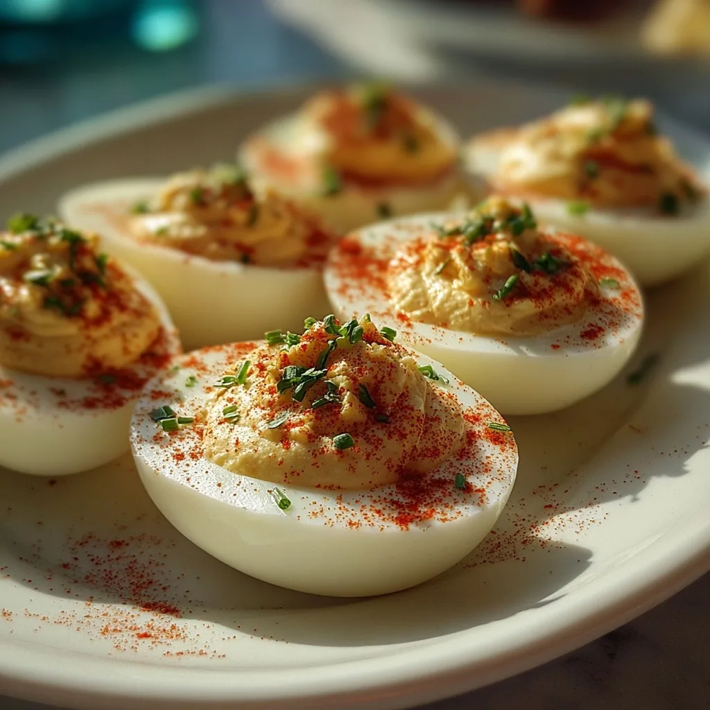 Classic Greek Yogurt Deviled Eggs (No Mayo, Just 5 Ingredients!) 5 Greek yogurt deviled eggs with paprika and chives on a white plate