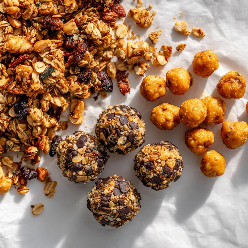 Healthy homemade snacks with granola, roasted chickpeas and energy balls