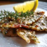 Herb-coated chicken jerky slices on a white plate with thyme and lemon