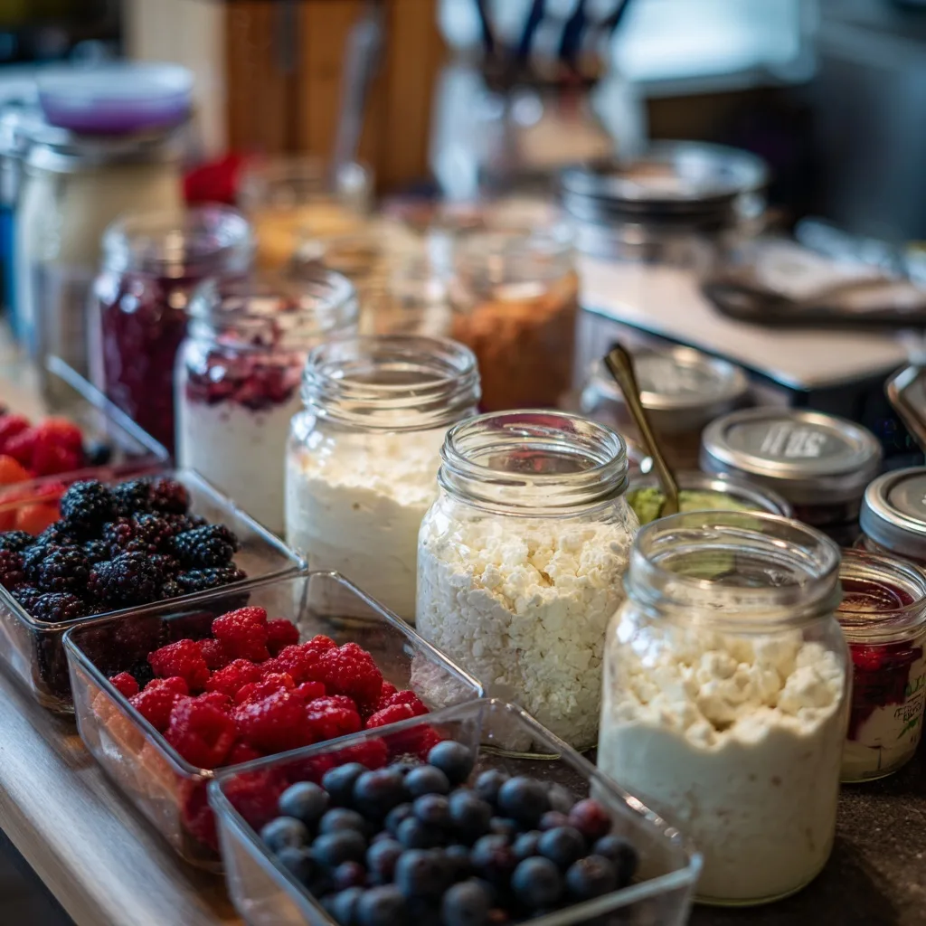 High protein dairy snacks with yogurt, cottage cheese, and mixed berries