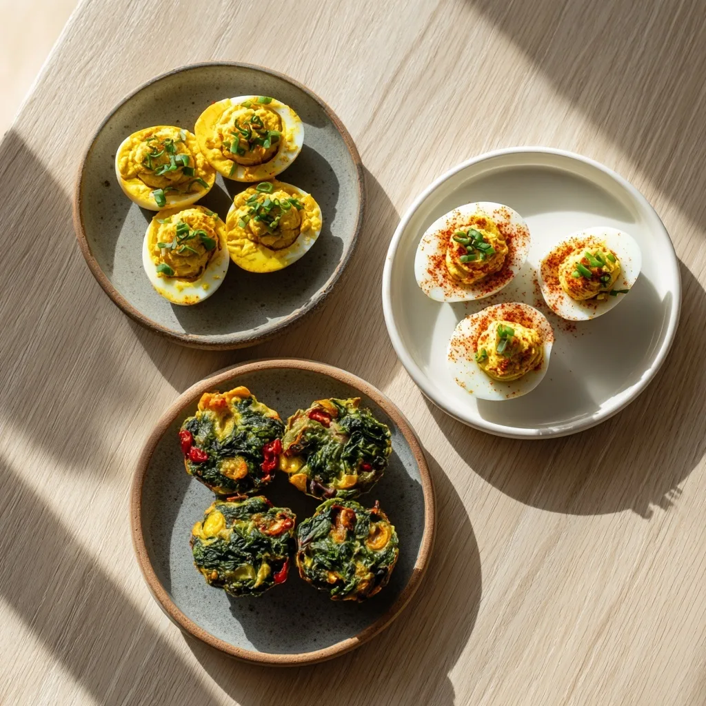 High Protein Egg Snacks: 3 Muscle-Building Recipes for Strength and Recovery 1 High protein egg snacks on plates with sunlight, featuring muffins and deviled eggs