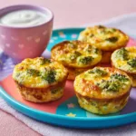Broccoli Cheddar Egg Muffins – The Simple, Protein-Packed Breakfast You’ll Crave 6 Broccoli cheddar egg muffins on colorful kids plate with yogurt