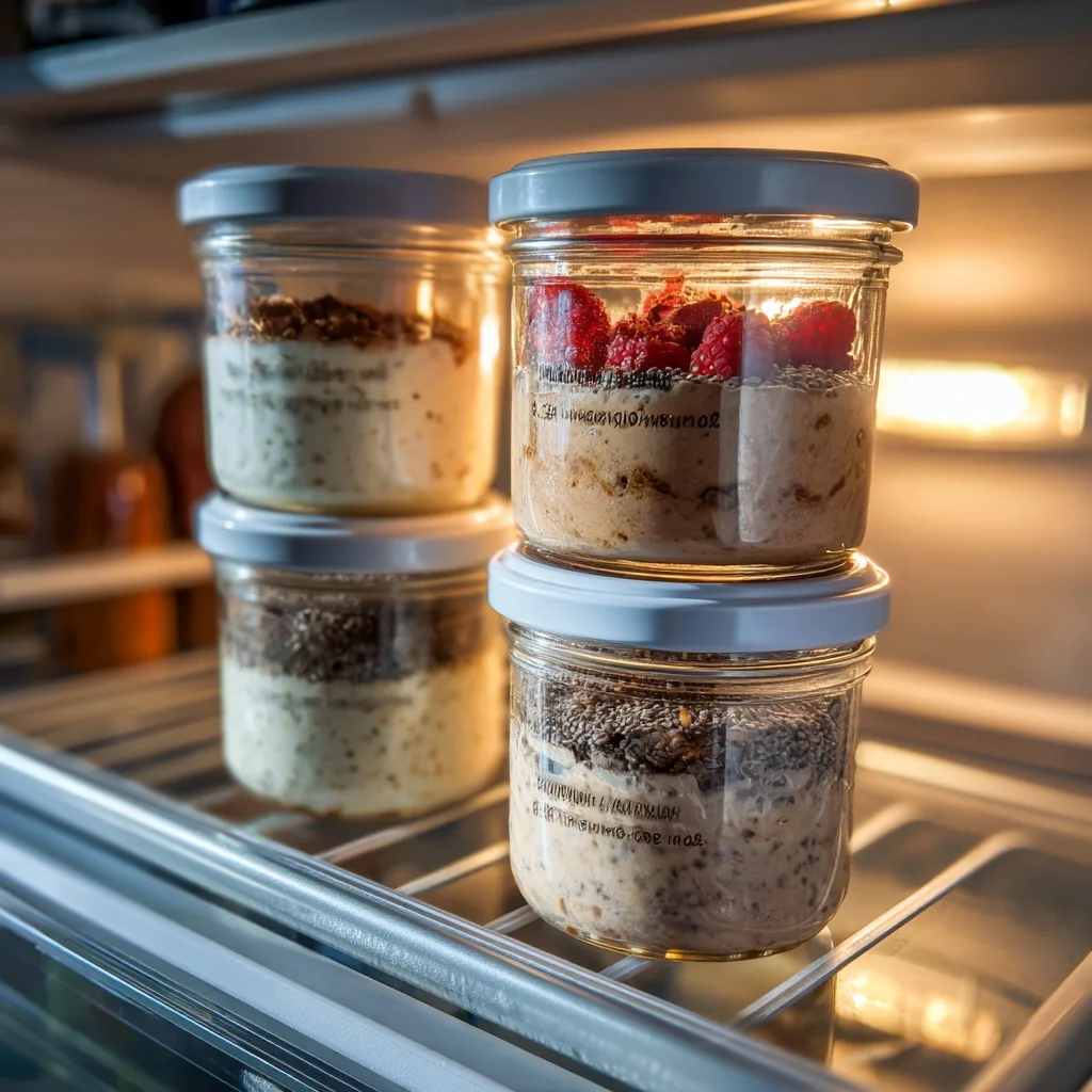 Protein Tiramisu Chia Pudding Recipe (High-Protein, Meal-Prep Friendly) 10 Glass jars of meal-prepped protein chia pudding in fridge