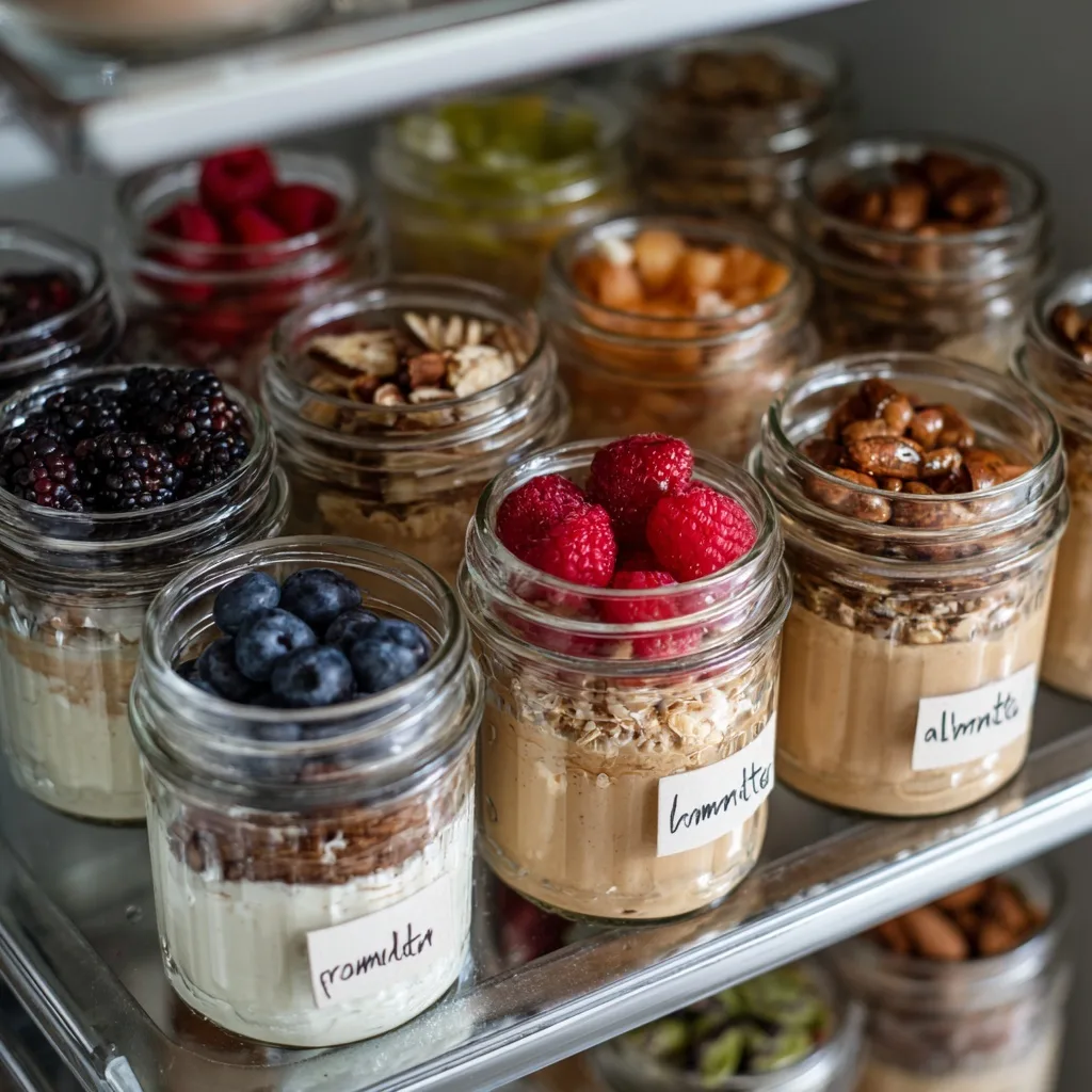 Cookie Dough Cottage Cheese Mousse: The Healthy Dessert You Didn’t Know You Needed 8 Meal prep jars with cottage cheese mousse, fruit, and nuts