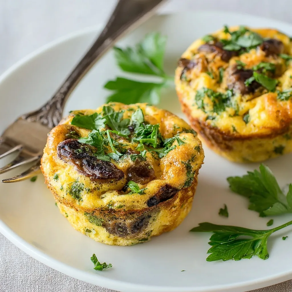 Mushroom Turkey Egg Muffins – The Smartest High Protein Snack You’ll Love 8 Close-up of mushroom turkey egg muffins with herbs on a white plate