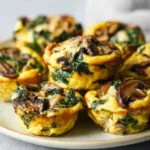 Mushroom Turkey Egg Muffins – The Smartest High Protein Snack You’ll Love 6 Stack of mushroom turkey egg muffins with spinach on ceramic plate