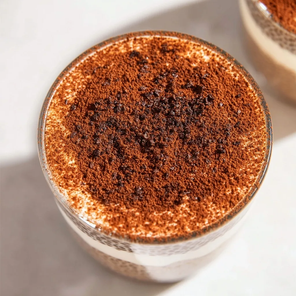 Protein Tiramisu Chia Pudding Recipe (High-Protein, Meal-Prep Friendly) 6 Overhead view of protein tiramisu chia pudding with cocoa layer