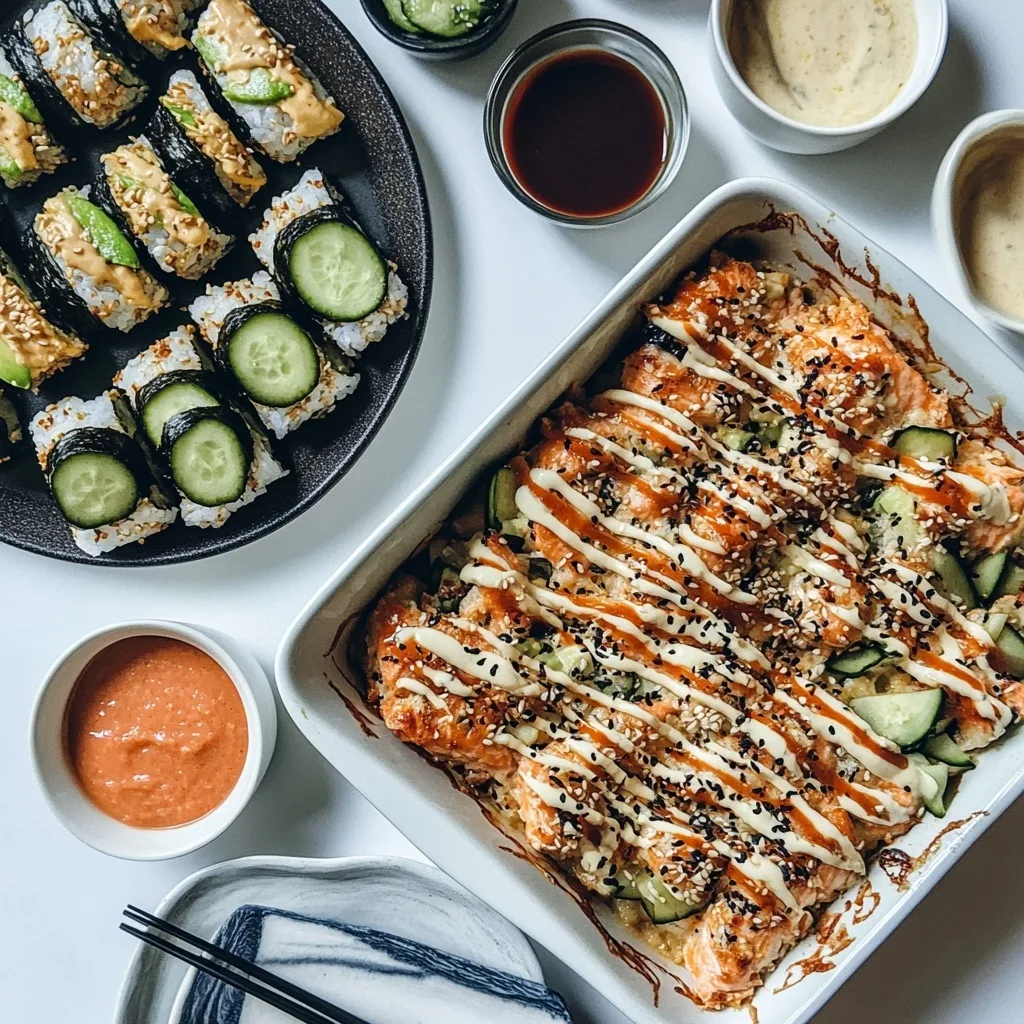 Miso Salmon Sushi Bake – Easy Oven-Baked Japanese-Inspired Casserole 9 Party-style Miso Salmon Sushi Bake served with nori, avocado, and dipping sauces