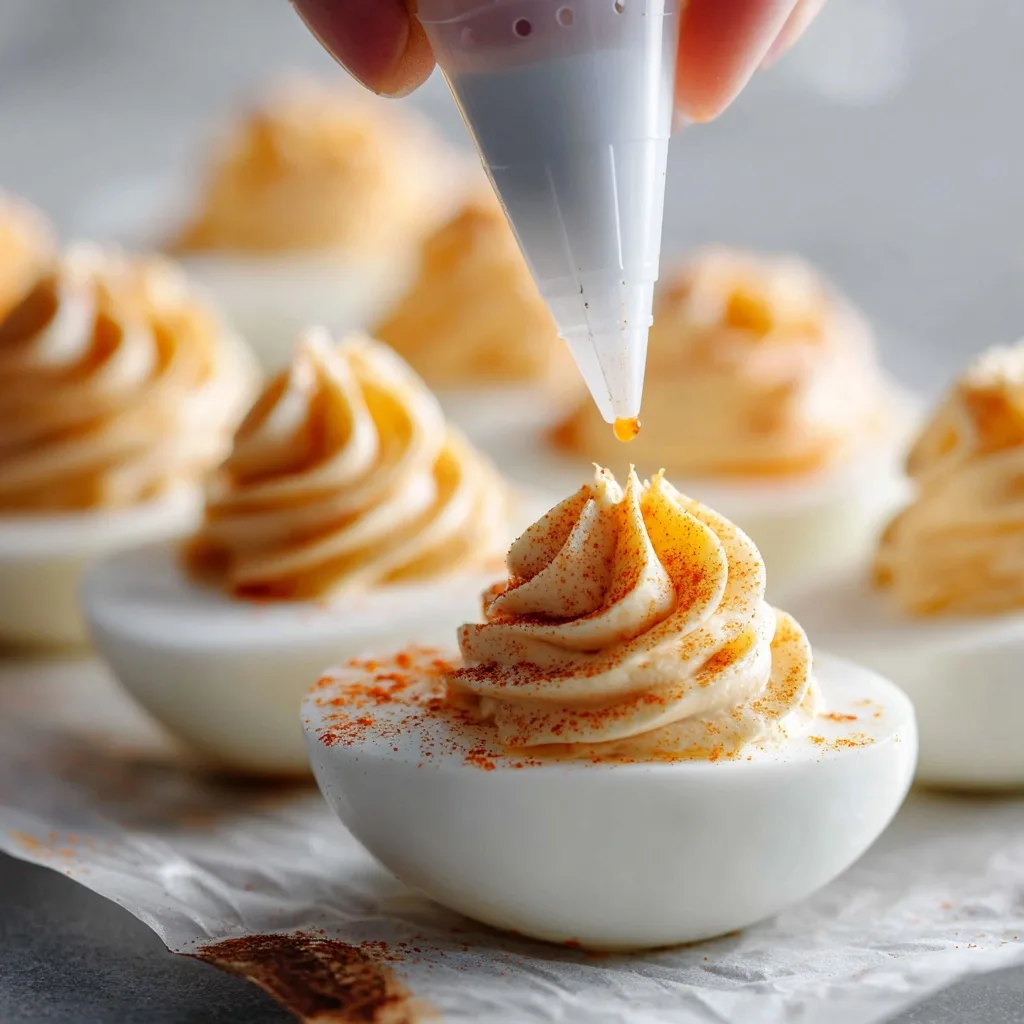Sriracha Greek Yogurt Deviled Eggs – Spicy Snack with Protein Boost 7 Piping creamy Sriracha Greek Yogurt filling into deviled eggs