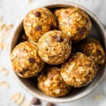 Close-up of oat-based vegan protein energy balls in a bowl