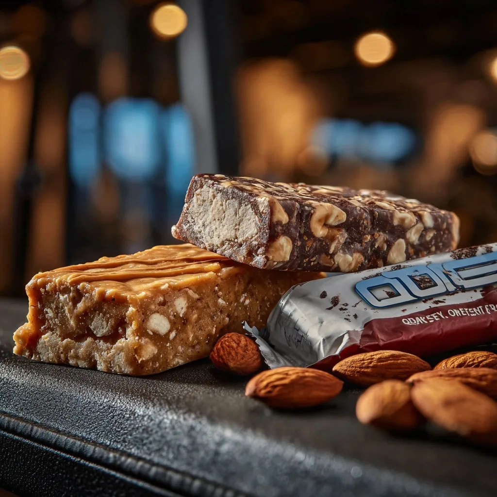 High Protein Snack Bars with almonds on gym bench, Quest Bar partially unwrapped