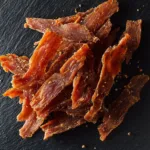 Torn chicken jerky strips laid out on dark slate surface