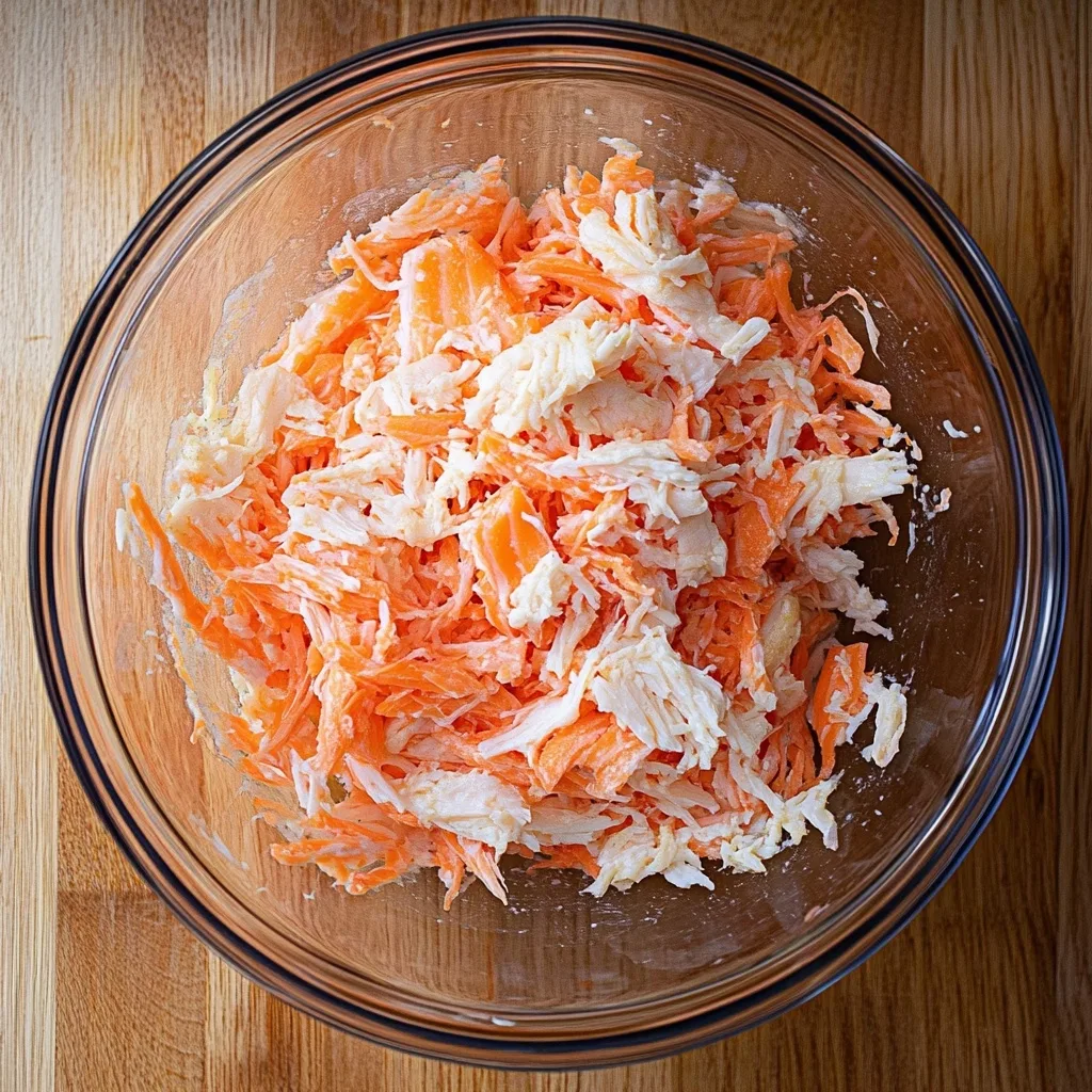 Miso Salmon Sushi Bake – Easy Oven-Baked Japanese-Inspired Casserole 8 Shredded salmon and imitation crab mixture in a glass bowl for Miso Salmon Sushi Bake