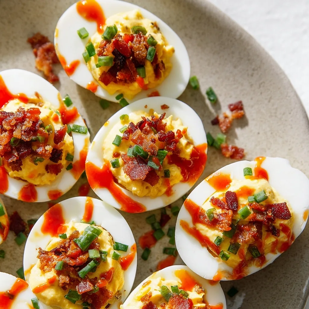 Spicy Deviled Eggs with Turkey Bacon and Sriracha – The Bold High-Protein Snack You’ll Crave 6 Close-up of spicy deviled eggs with turkey bacon and sriracha