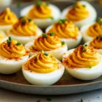 Spicy Sriracha Greek Yogurt Deviled Eggs served on rustic plate