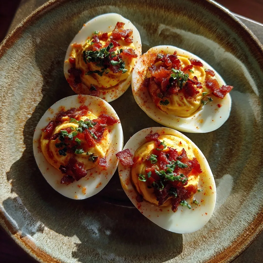 Spicy Deviled Eggs with Turkey Bacon and Sriracha – The Bold High-Protein Snack You’ll Crave 8 Spicy deviled eggs with turkey bacon and herbs on rustic ceramic plate