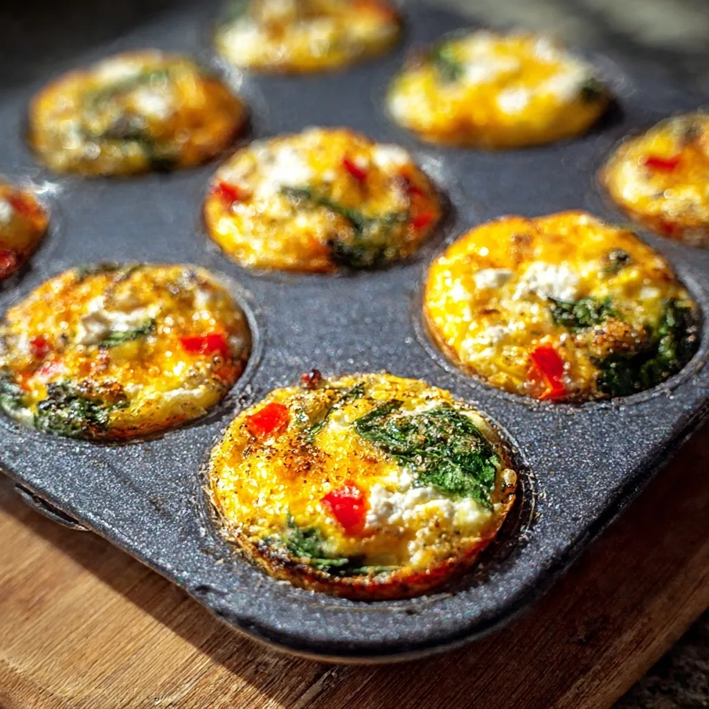 Spinach & Feta Egg Muffins – Meal Prep Snack with Mediterranean Flair 6 Spinach feta egg muffins in non-stick muffin tray with golden tops