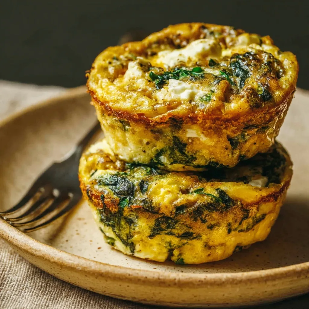 Spinach & Feta Egg Muffins – Meal Prep Snack with Mediterranean Flair 4 Close-up of spinach feta egg muffins on ceramic plate with golden crust