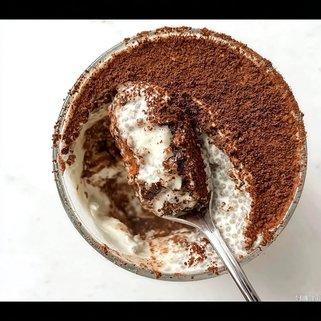 Protein Tiramisu Chia Pudding Recipe (High-Protein, Meal-Prep Friendly) 7 Overhead view of spoon scooping creamy tiramisu chia pudding