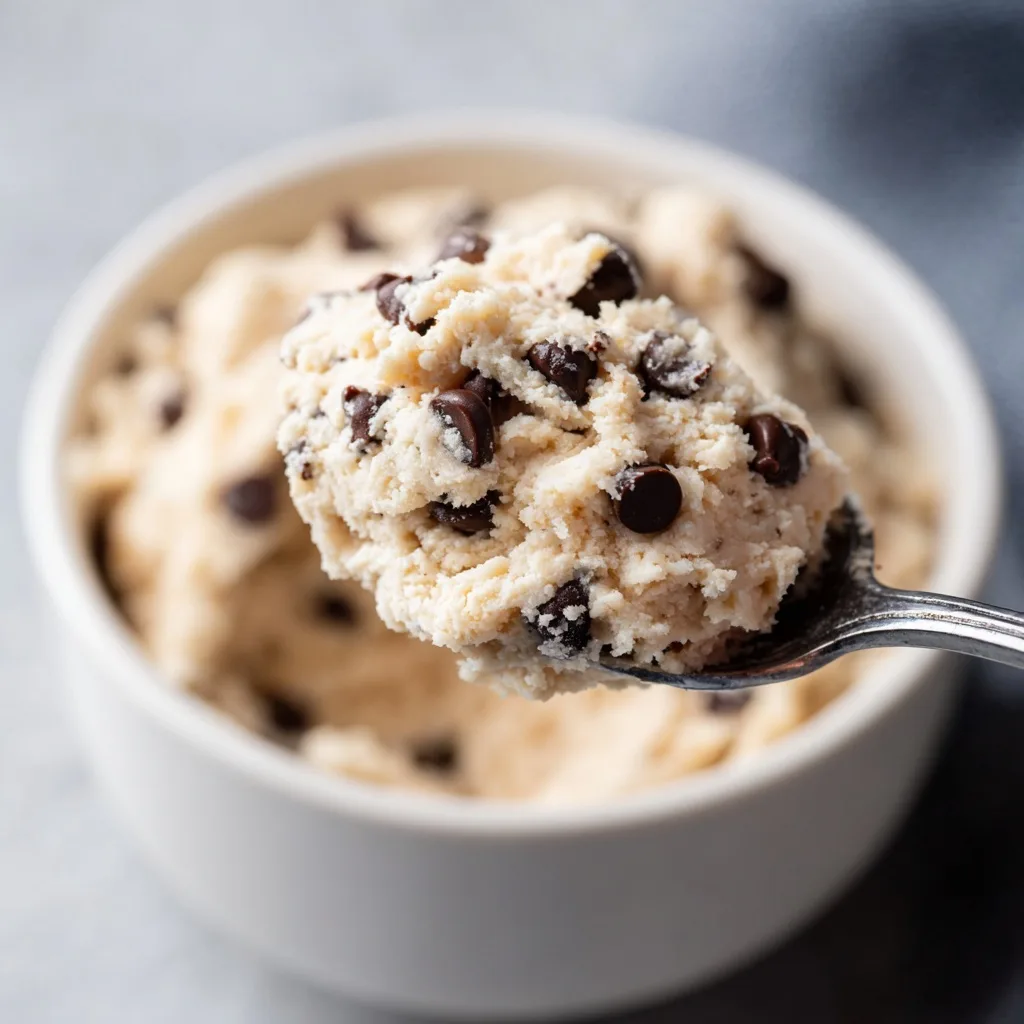 Cottage Cheese Cookie Dough (High Protein + No Bake) 8 close-up of chocolate chip cottage cheese cookie dough