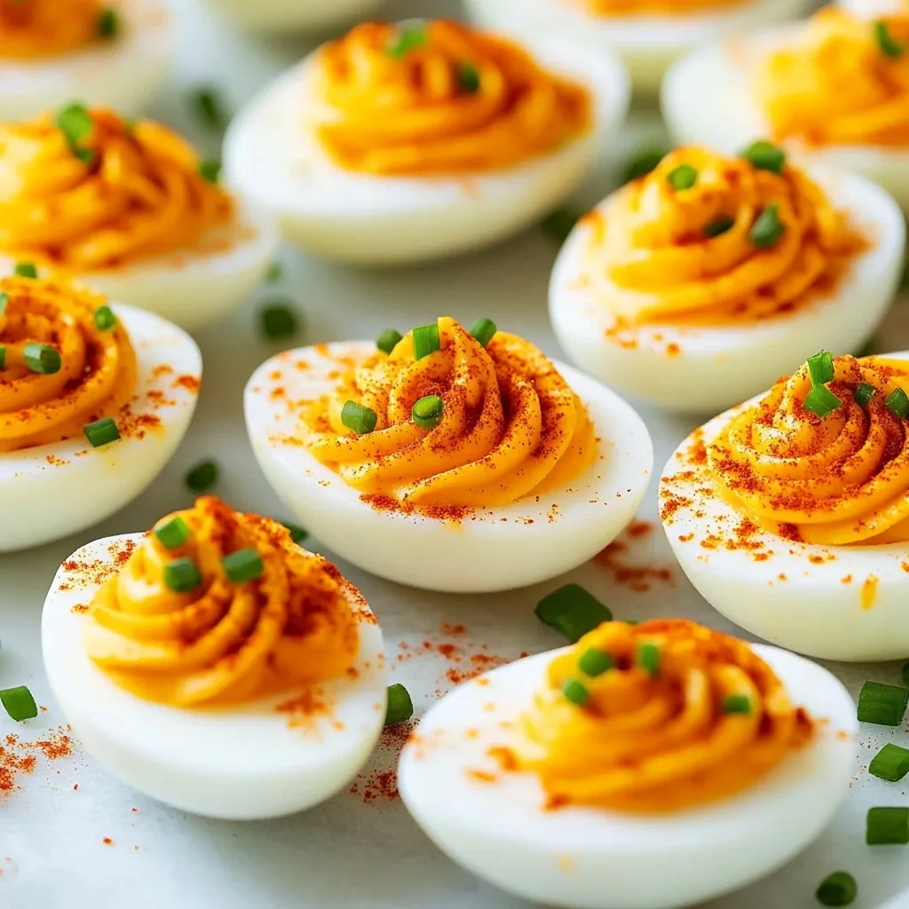 Sriracha Greek Yogurt Deviled Eggs – Spicy Snack with Protein Boost 8 Close-up of spicy Sriracha Greek Yogurt Deviled Eggs with paprika and chives
