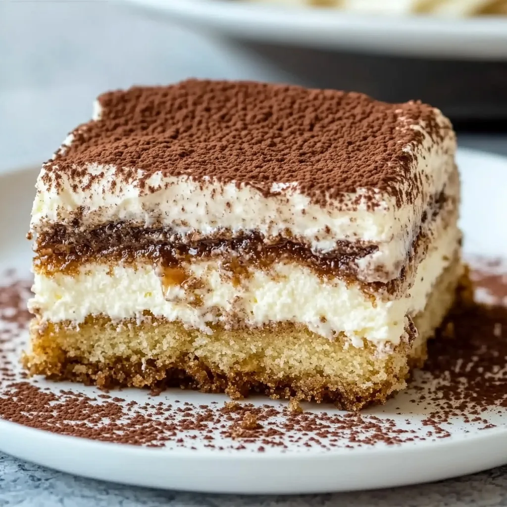 Easy Tiramisu Cake Mix Recipe (No Ladyfingers Needed!) – Quick & Creamy Dessert 6 Tiramisu cake slice with mascarpone and cocoa shavings served from a baking dish