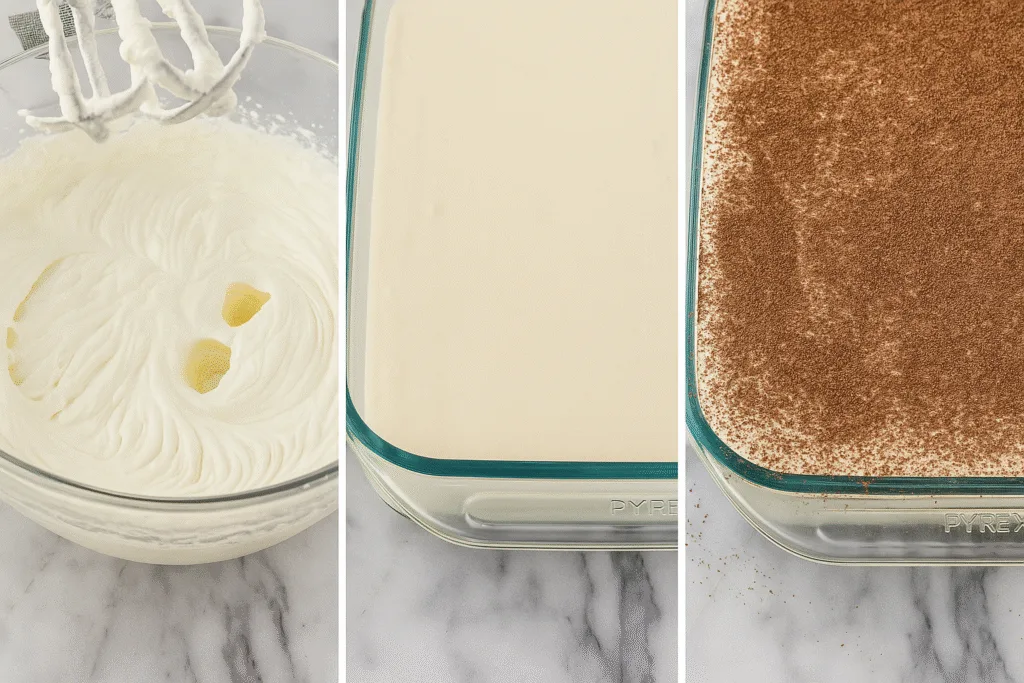 Easy Tiramisu Cake Mix Recipe (No Ladyfingers Needed!) – Quick & Creamy Dessert 9 Step-by-step tiramisu cake preparation with mascarpone frosting, batter, and cocoa topping