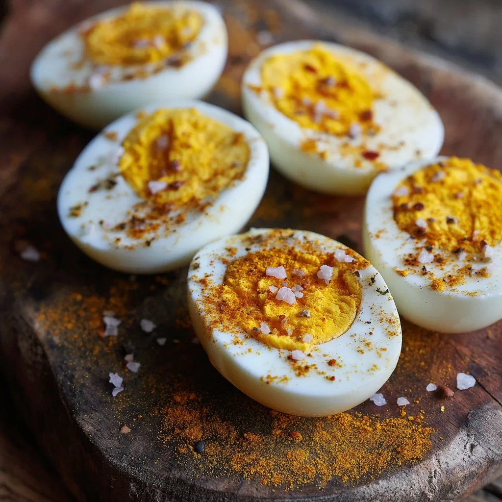 High Protein Egg Snacks: 3 Muscle-Building Recipes for Strength and Recovery 2 hard boiled eggs with turmeric and pink salt on wooden board