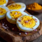 Turmeric-Spiced Hard-Boiled Eggs for Recovery & Anti-Inflammation 5 turmeric hard boiled eggs with red onion and Himalayan salt