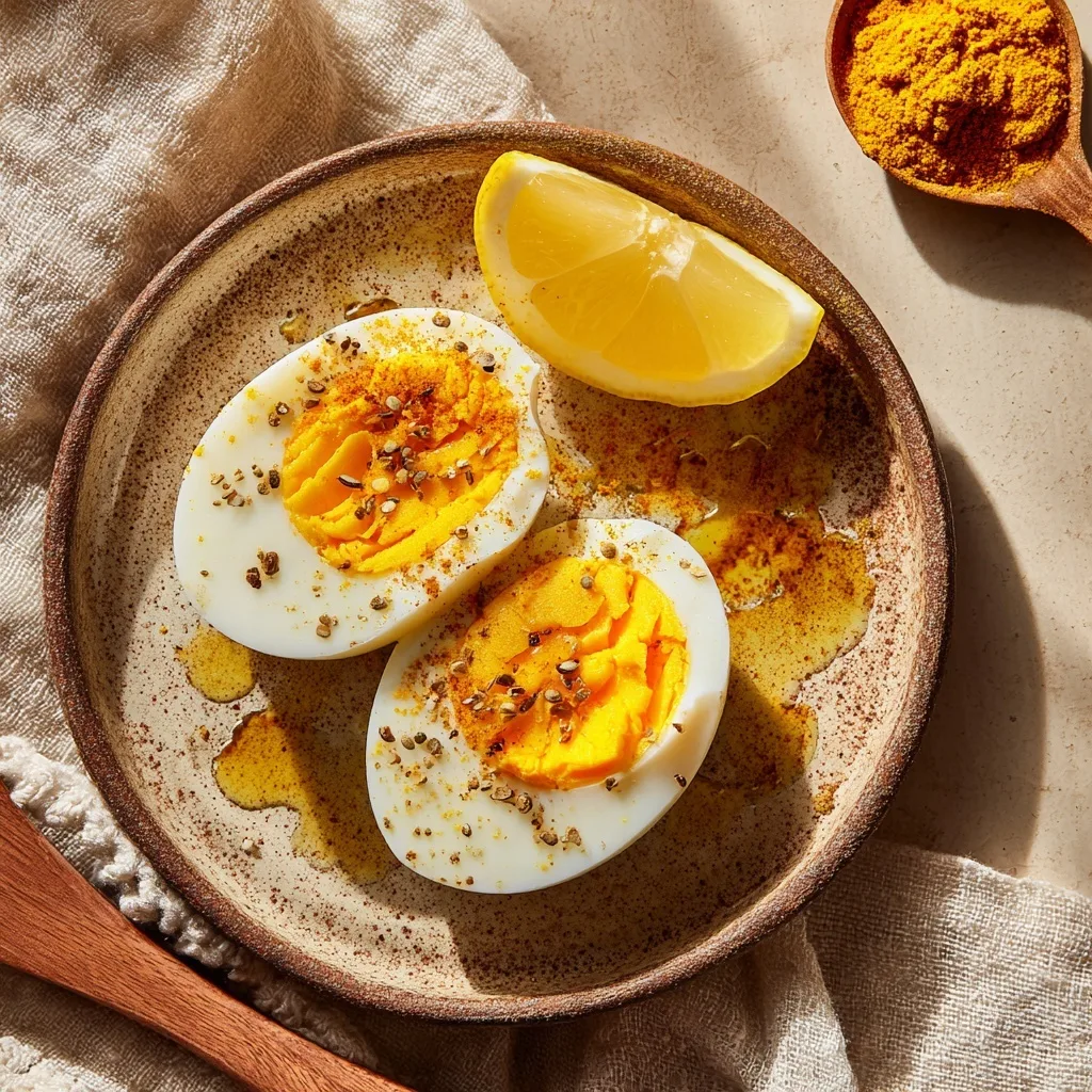 Turmeric-Spiced Hard-Boiled Eggs for Recovery & Anti-Inflammation 6 turmeric hard boiled eggs with lemon and oil on rustic plate