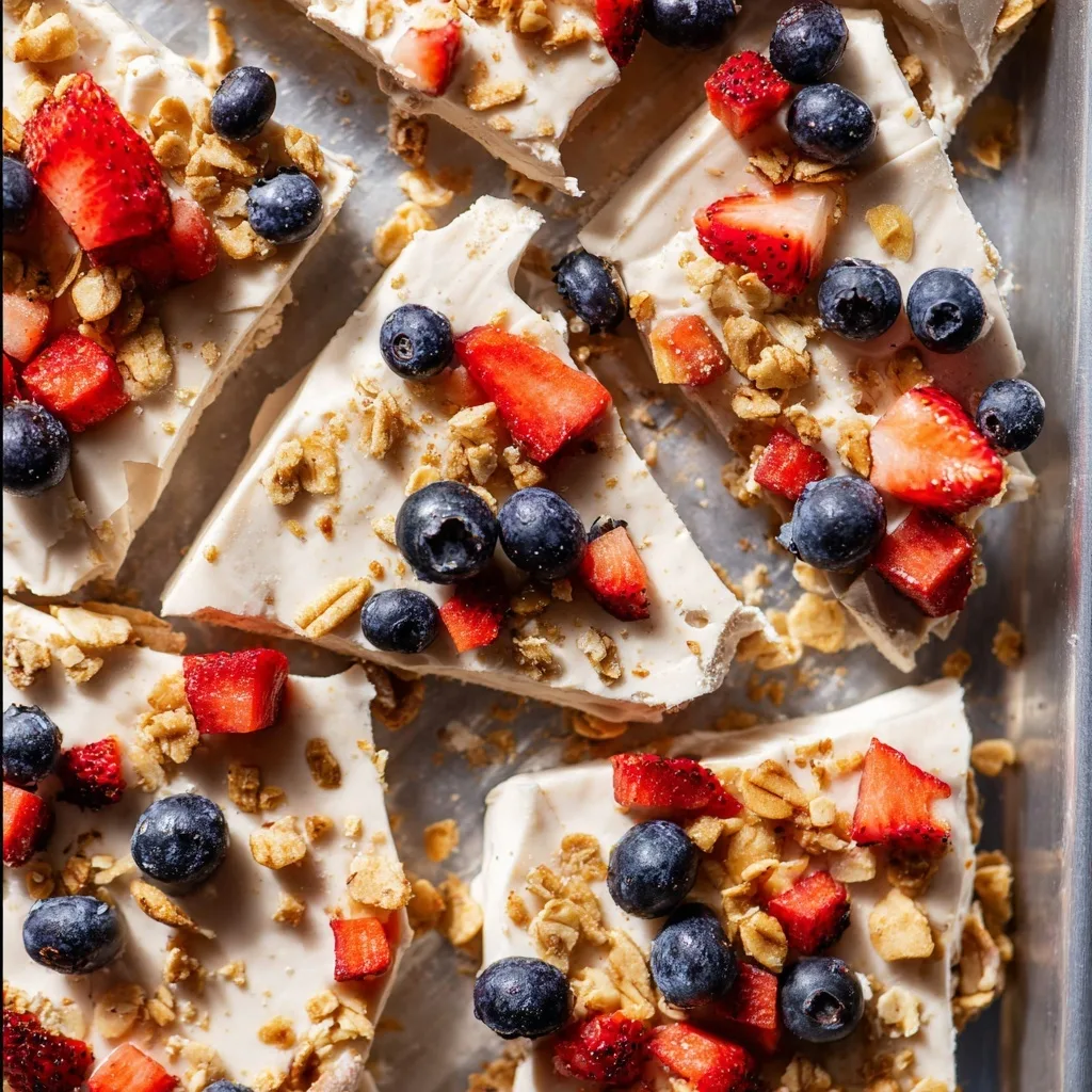 High Protein Greek Yogurt Bark (The Ultimate Guide + Recipe & Variations) 6 Greek yogurt bark with strawberries, blueberries, and granola on a metal tray