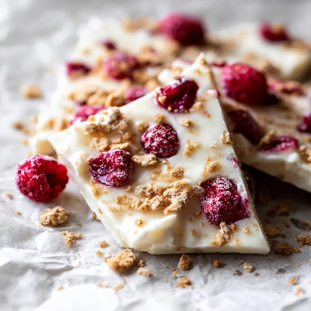 High Protein Greek Yogurt Bark (The Ultimate Guide + Recipe & Variations) 9 Greek yogurt bark with frozen raspberries and graham cracker chunks on parchment